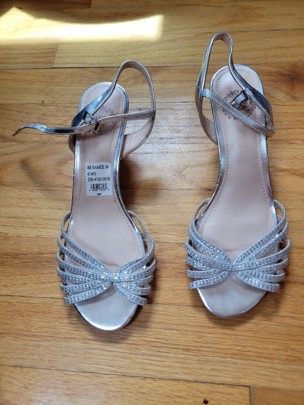I. Miller "Nanice" Silver Rhinestone Ankle Strap Sandals, Size 6